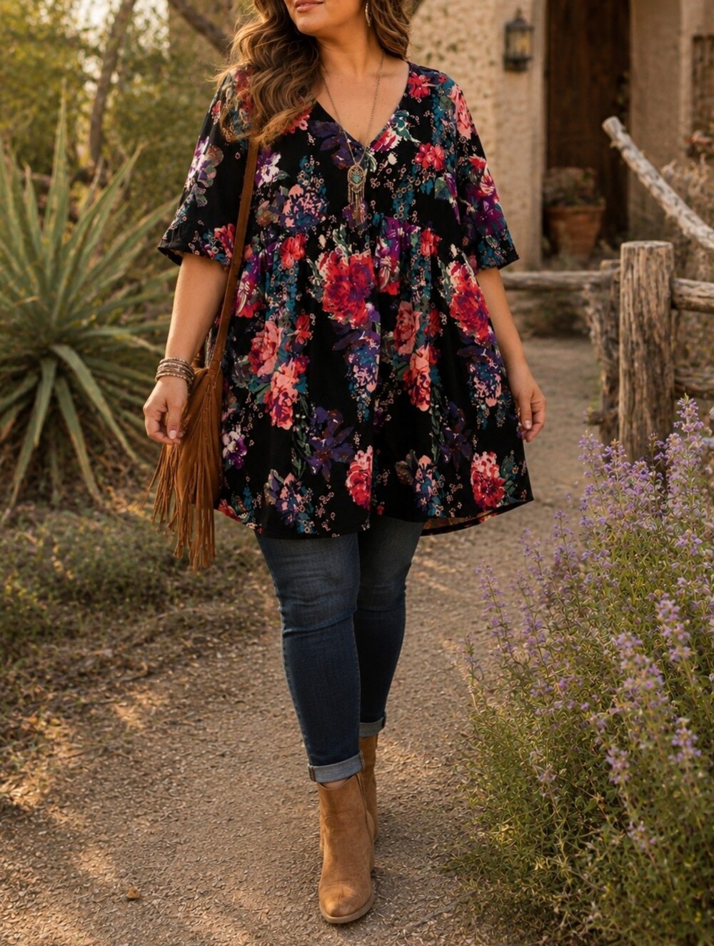 ANDREE BY UNIT Black Multicolor Floral V-Neck Babydoll Tunic Dress Boho